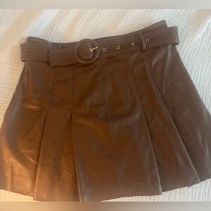Zara Brown Belted Faux Leather Pleated Skirt Side Zipper